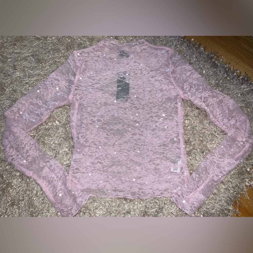 Chic Pink Lace & Sequins sheer Top - size XS NWT